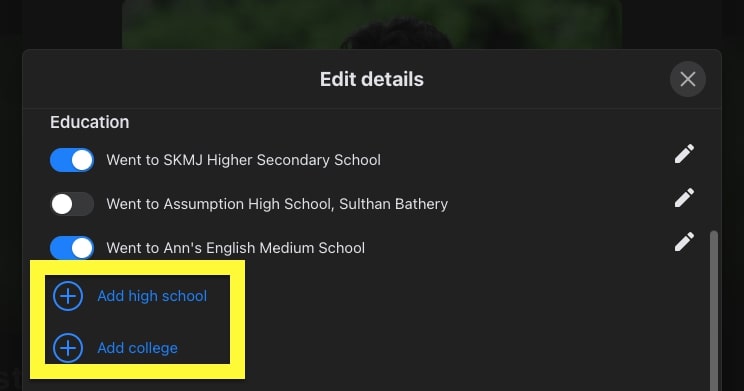 Add high school or Add college on facebook
