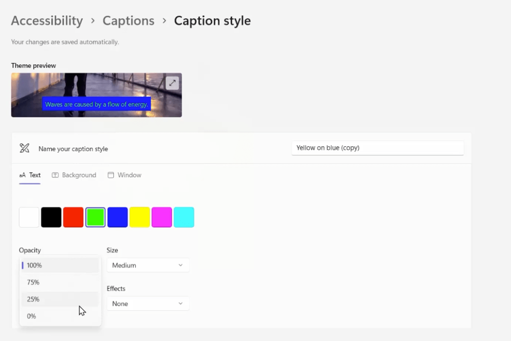 customize closed captions style on windows 11