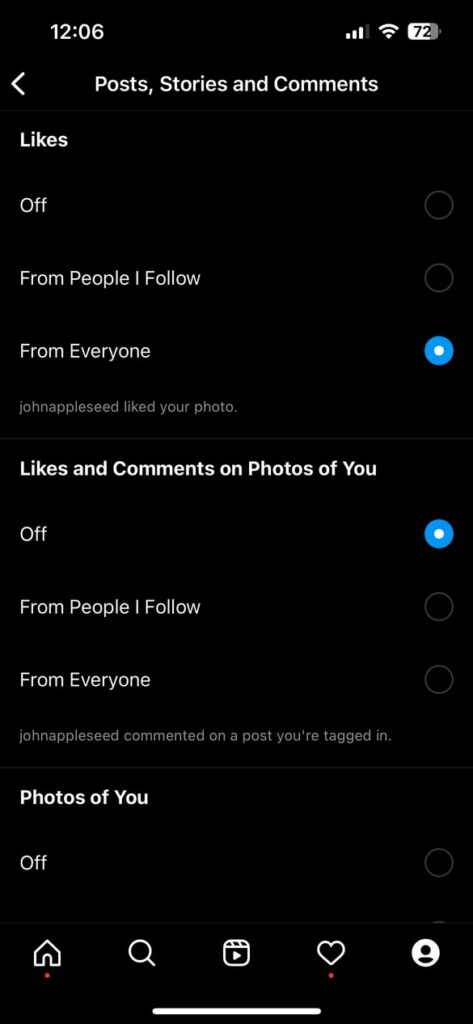 Post Like Notification On Instagram Settings