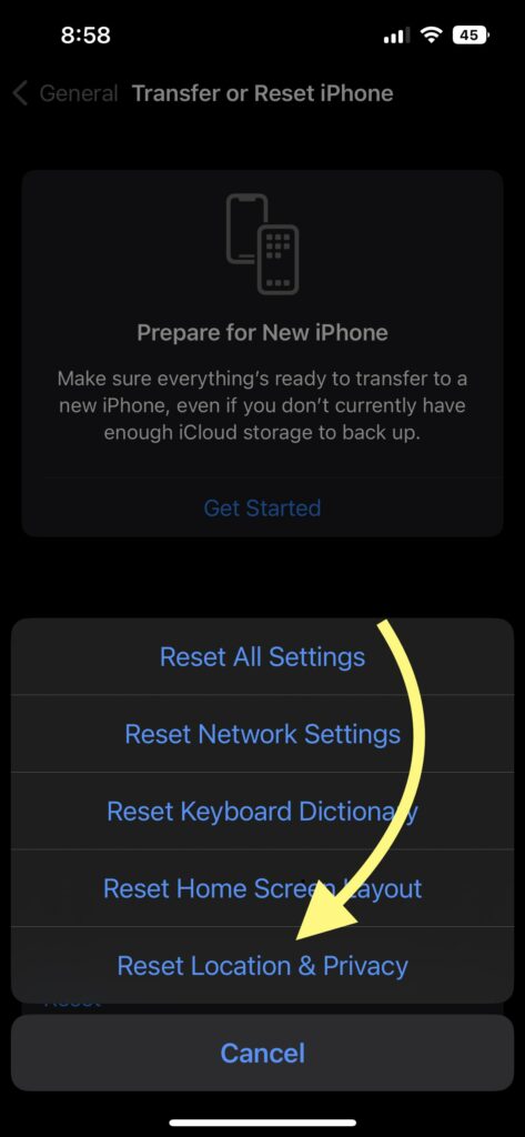 Reset Location & Privacy