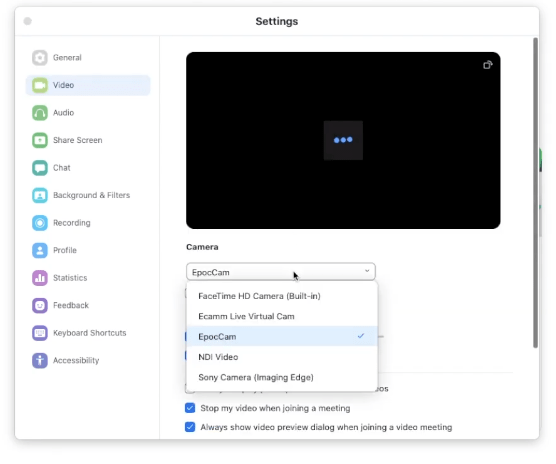 select the camera for zoom call