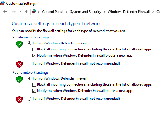 Turn off Windows Firewall